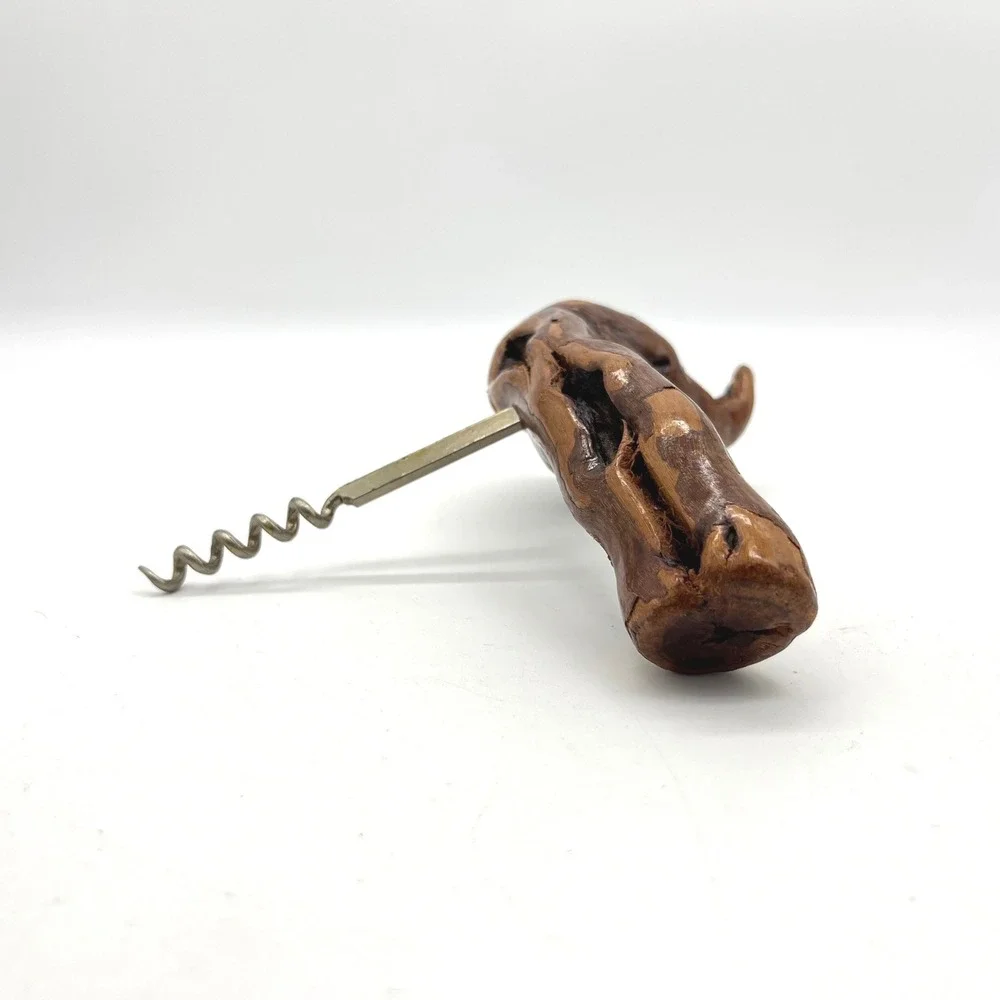 Vintage Handcrafted Gnarled Burl Wood Handle Corkscrew Rustic Wine Bottle Opener